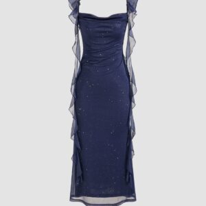 Cider Navy Blue Cowl Neck Ruffle Hem Maxi Dress