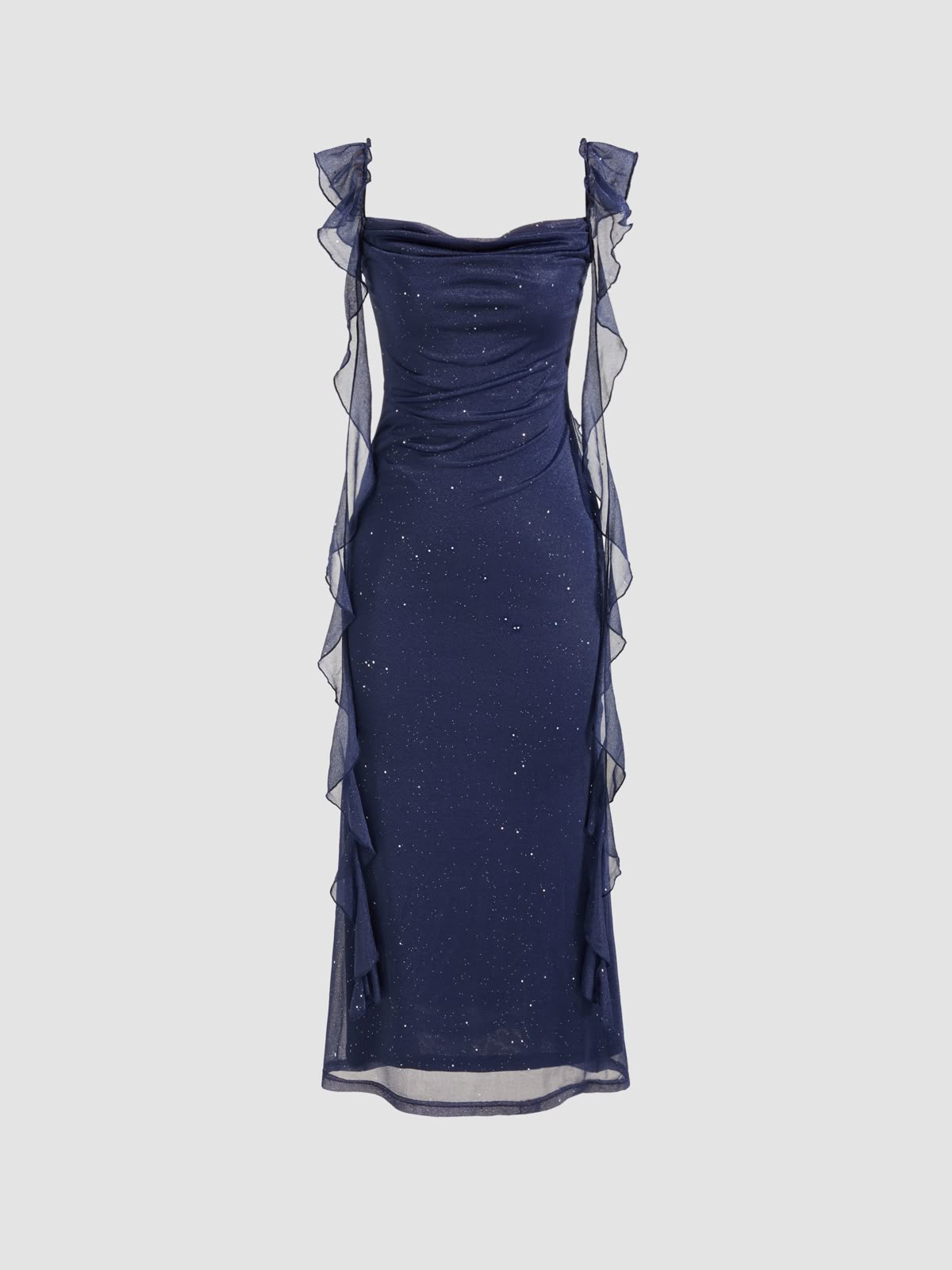 Cider Navy Blue Cowl Neck Ruffle Hem Maxi Dress