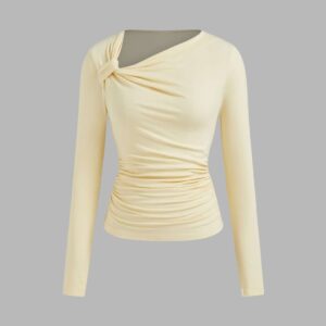 ZESICA Cream Asymmetrical Long Sleeve Ruched Top