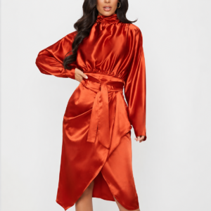 Rust Satin High-Neck Long-Sleeve Wrap Midi Dress